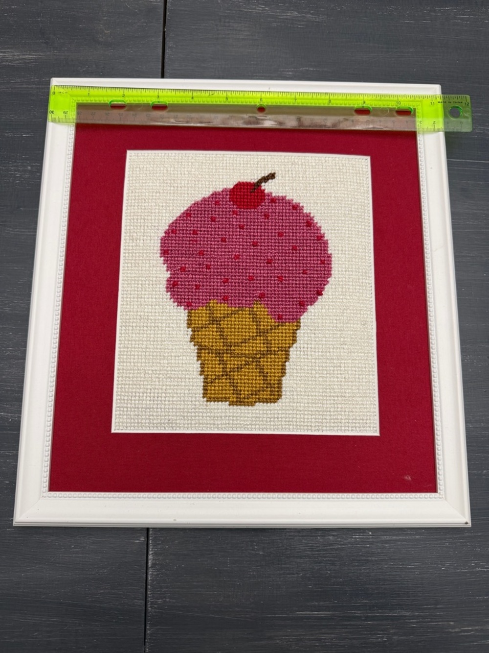 Handmade Ice Cream Cross-Stitch Wall Art - Pink & Gold